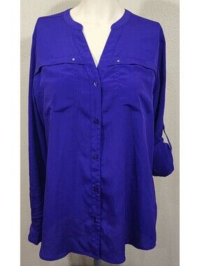 Attention Women’s Size Large Purple Button Up Shirt Blouse Long Sleeve Pockets